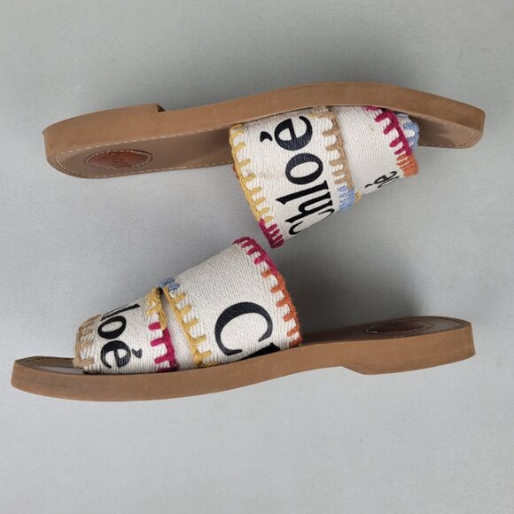 Chloe Woody Sandals Slides Flats Logo Multicolor Stitch Size 38 US size 8 - Picture 4 of 14